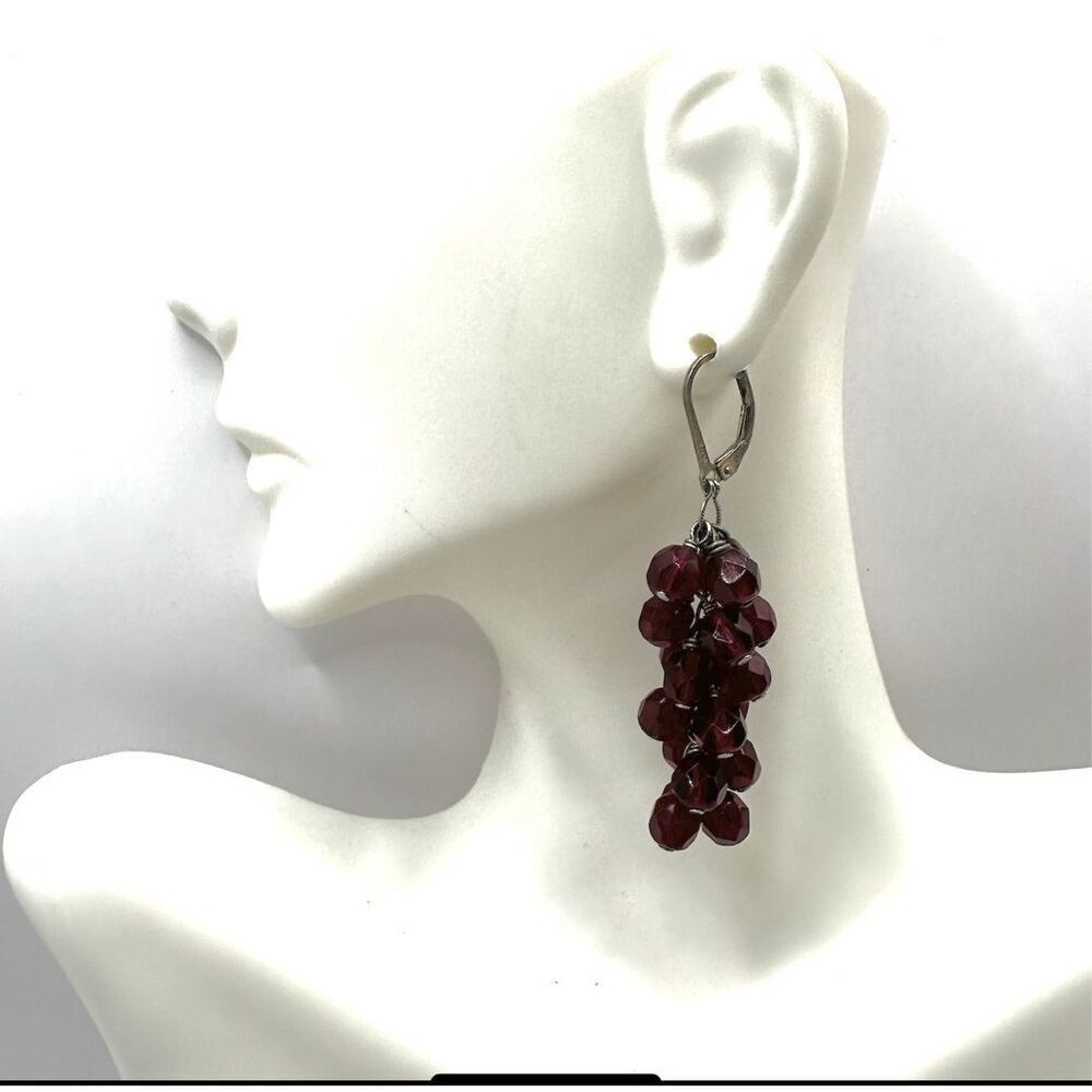 Red cluster beaded silver tone earrings